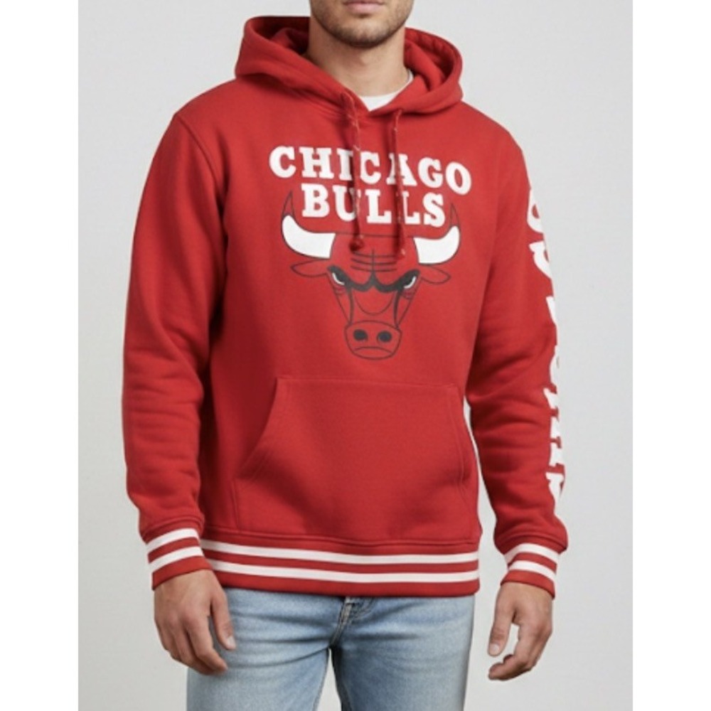 Chicago Bulls Hoodie Mens Medium Red Pullover Fleece Stripe Retro Official NBA